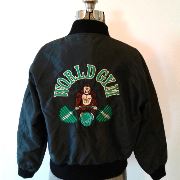 RARE Tony Nowak Embroidered bomber crop Jacket World Gym Gorilla 90's Sz L - Picture 1 of 8